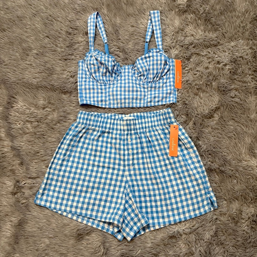 Colsie Outfit Lounge Set Blue White Gingham Women's XS/Small NEW